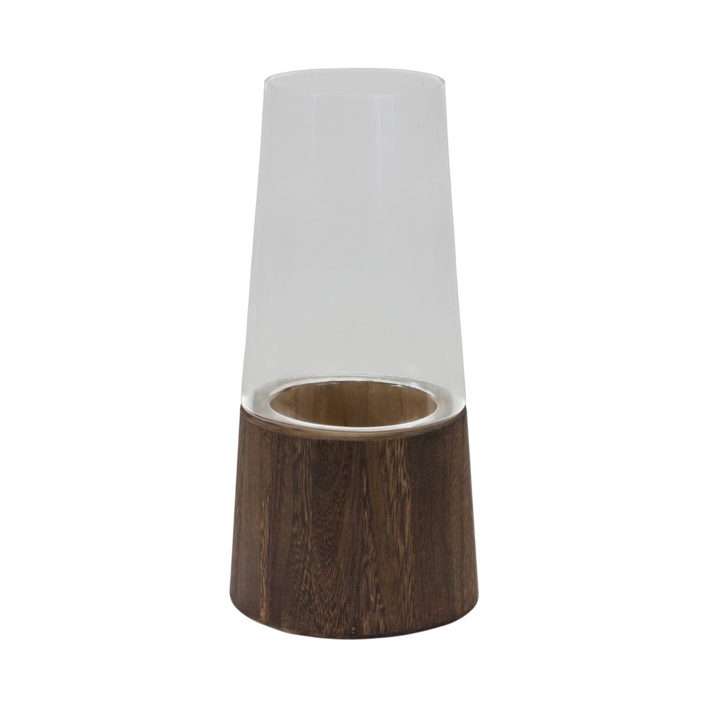 Set of Two Brown And Clear Glass Round Table Vases With Woods