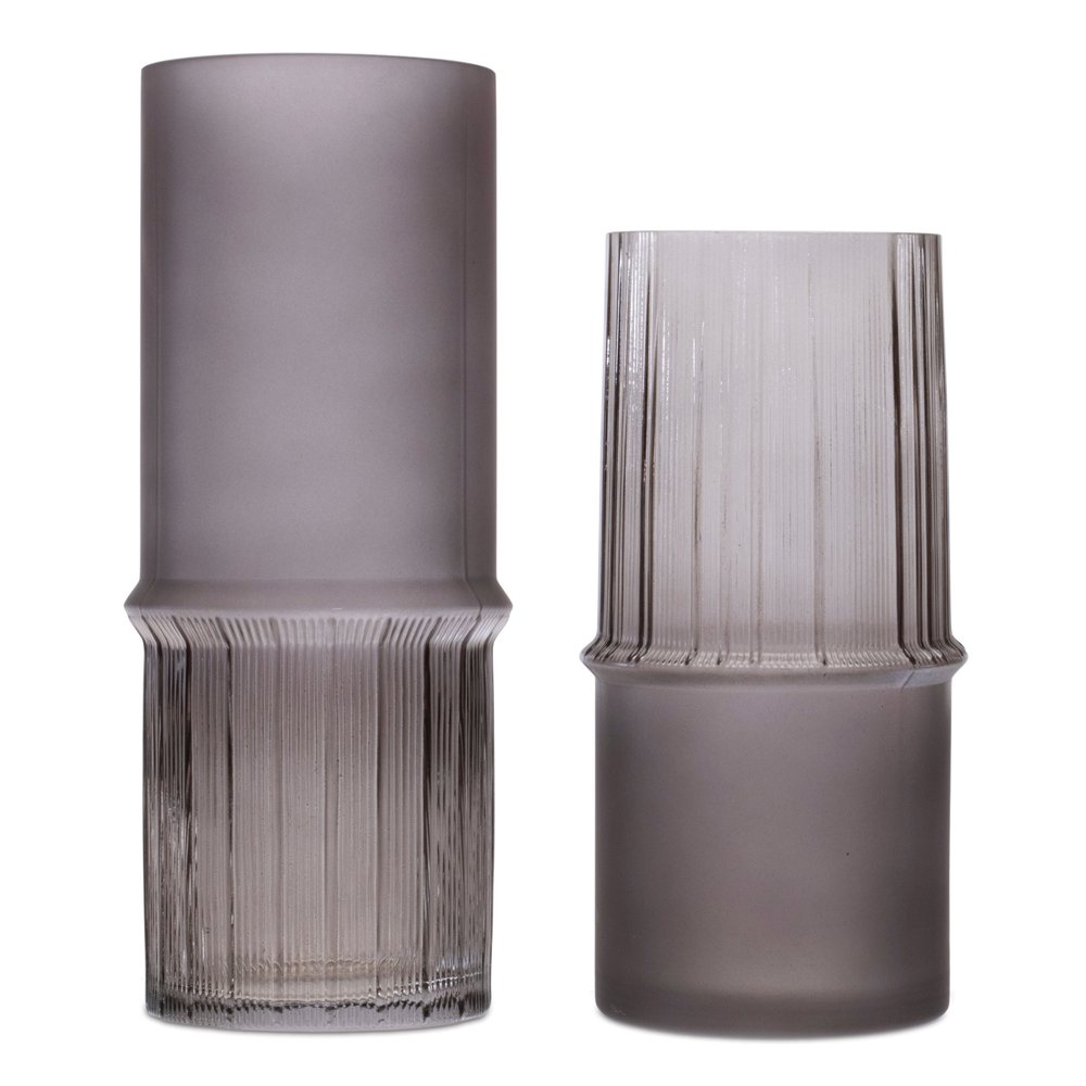 Set of Two Gray Glass Round Table Vases