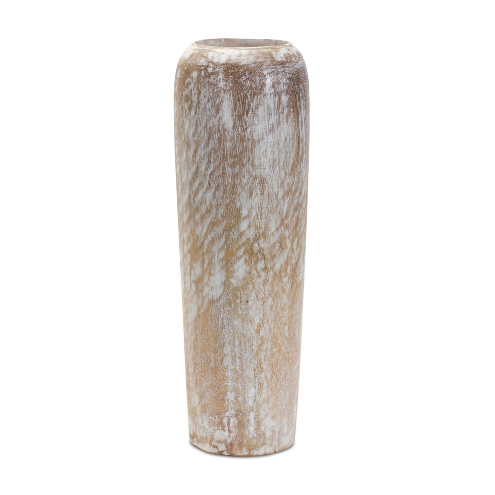 18" White And Brown Wood Round Floor Vase
