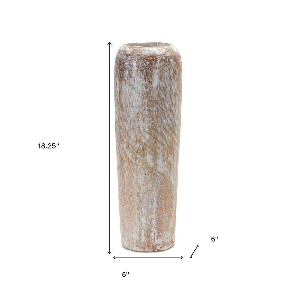 18" White And Brown Wood Round Floor Vase
