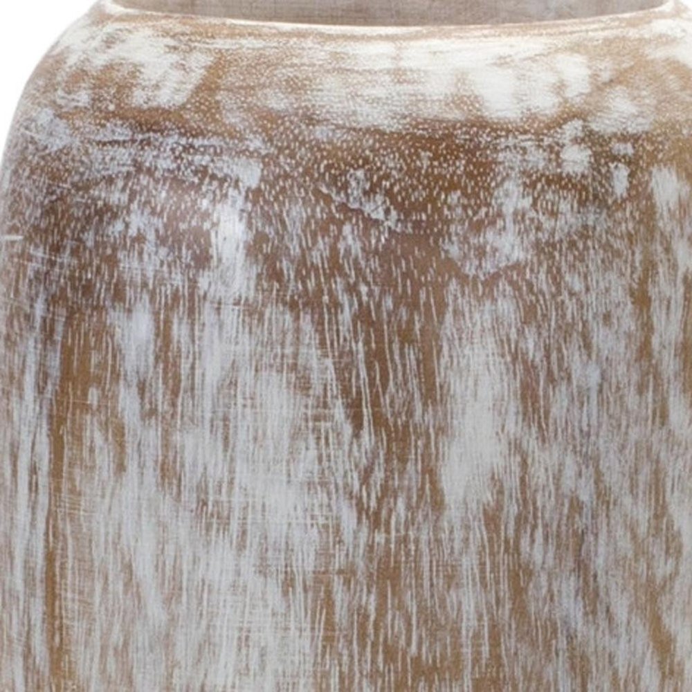 18" White And Brown Wood Round Floor Vase