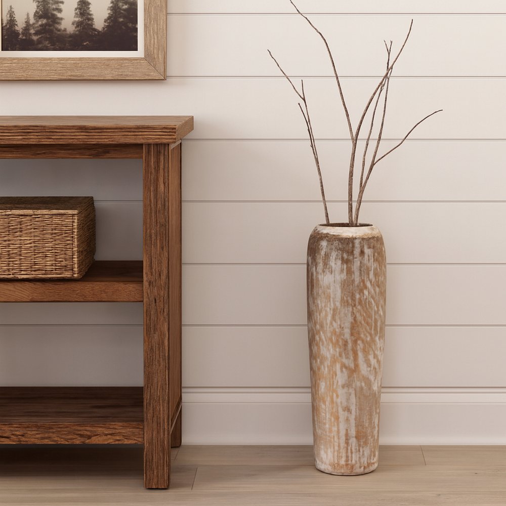 18" White And Brown Wood Round Floor Vase