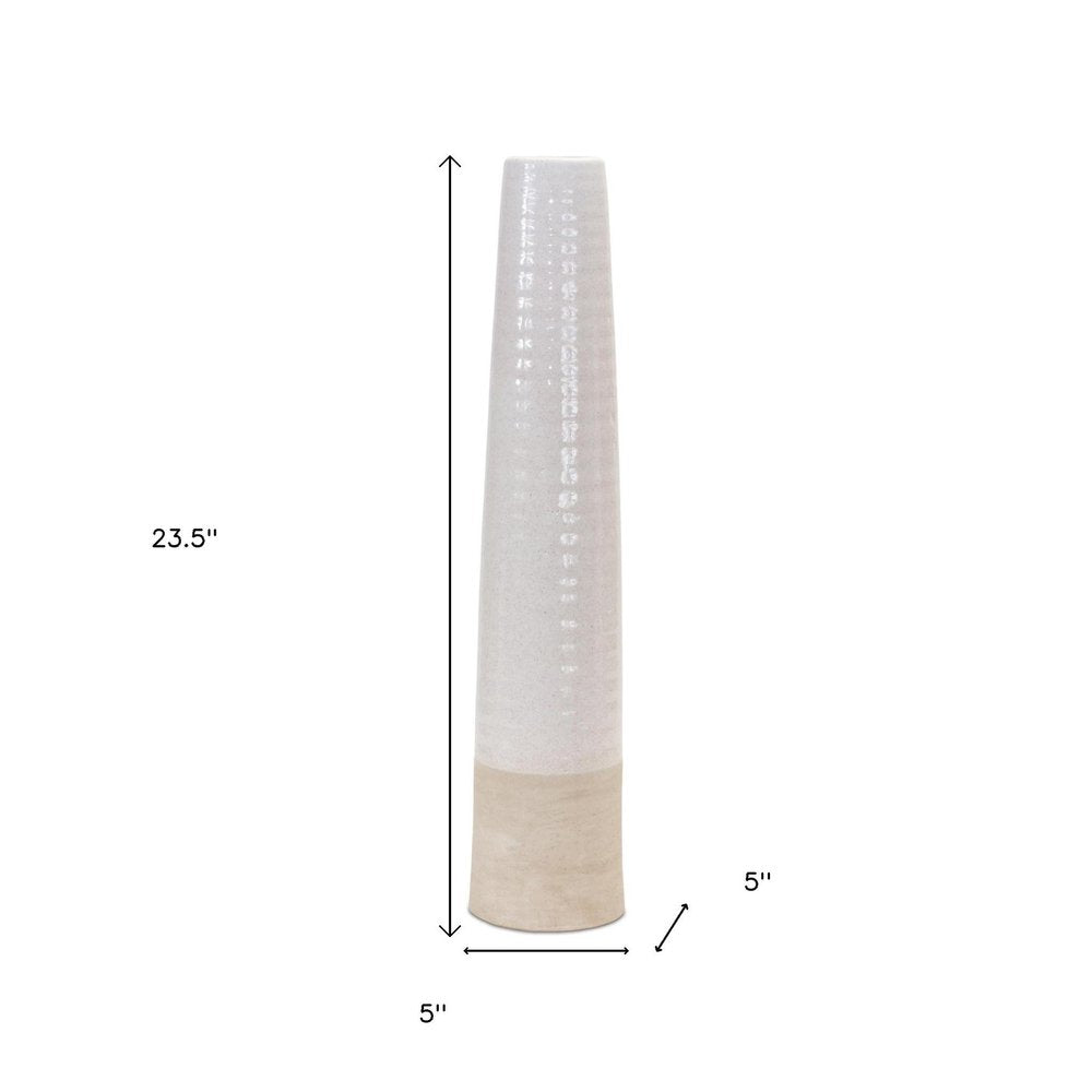 24" White And Sand Round Stoneware Floor Vase