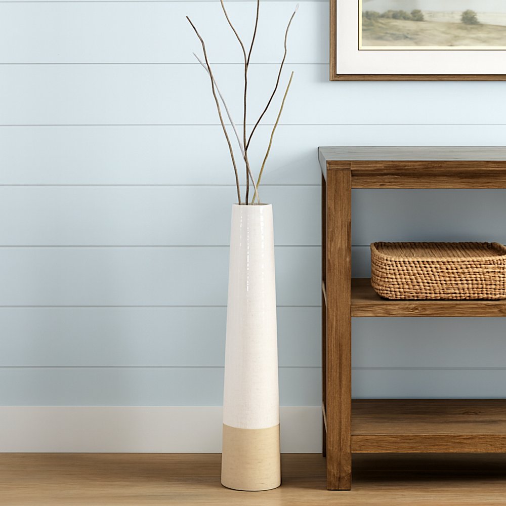 24" White And Sand Round Stoneware Floor Vase
