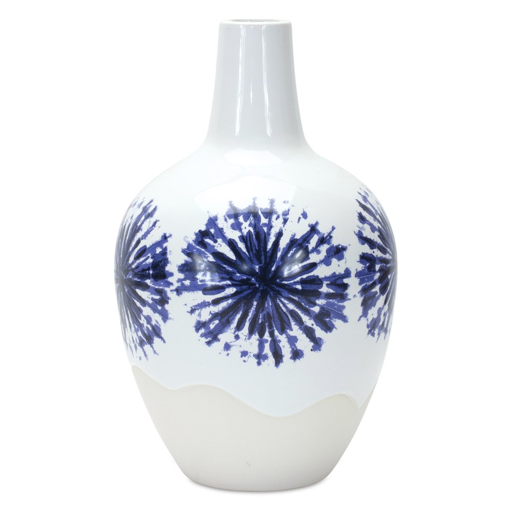 11" White And Blue Ceramic Round Urn