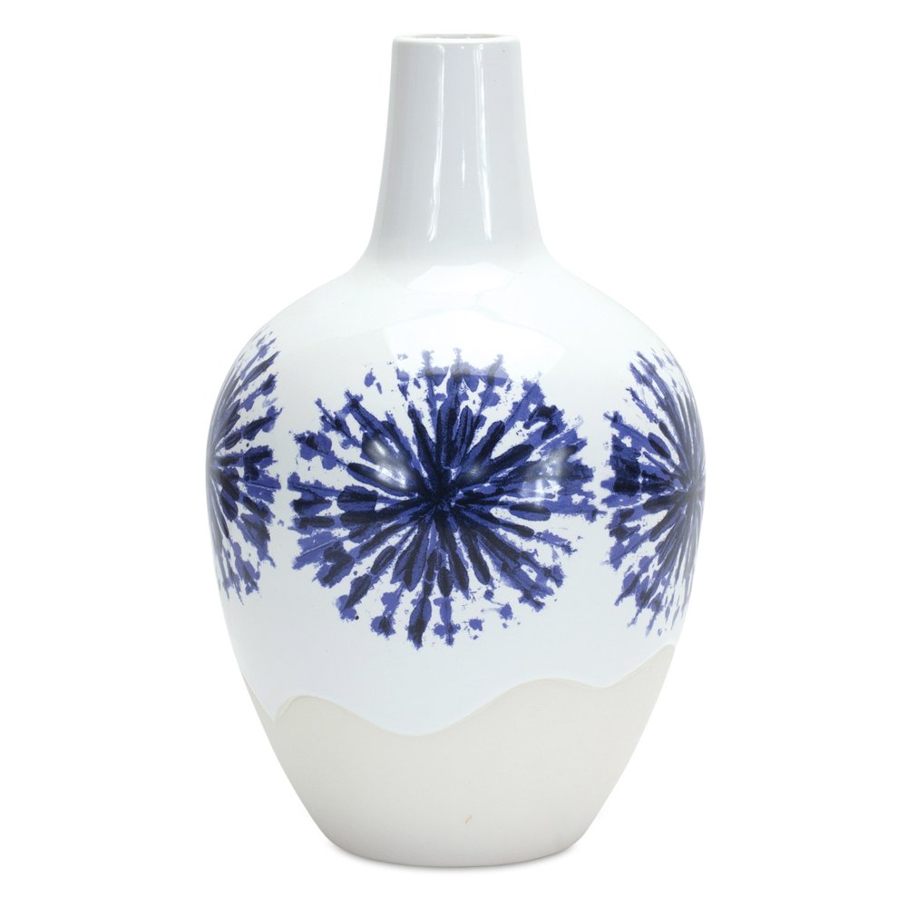 11" White And Blue Ceramic Round Urn