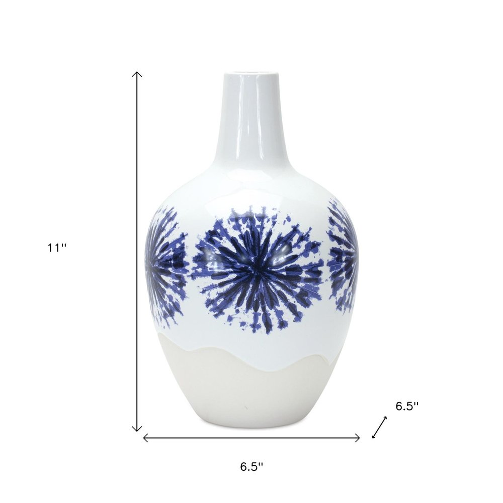 11" White And Blue Ceramic Round Urn