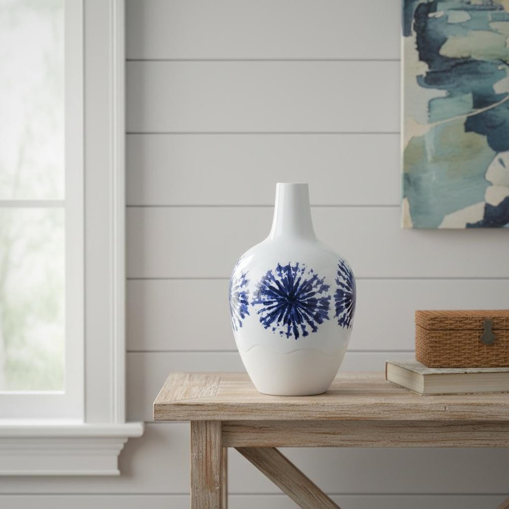 11" White And Blue Ceramic Round Urn