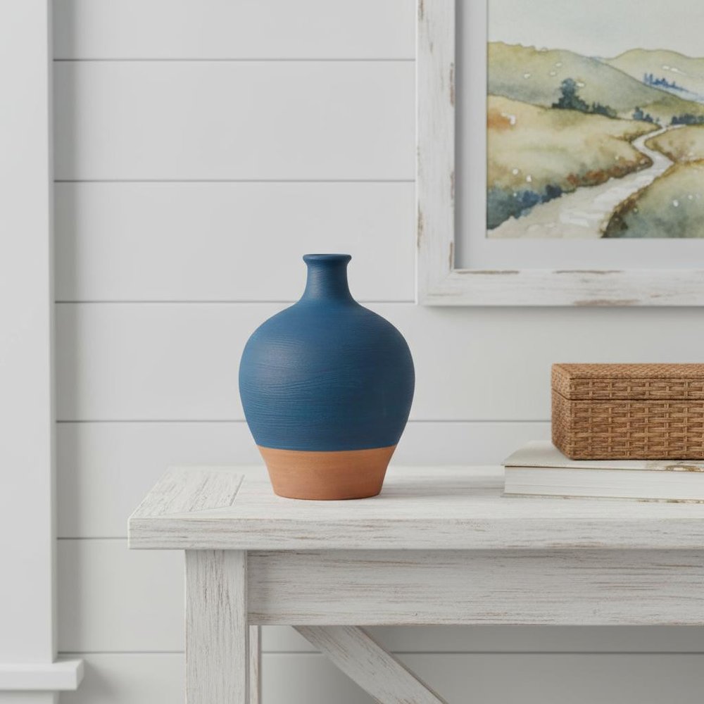 9" Blue And Terra Cotta Ceramic Round Urn
