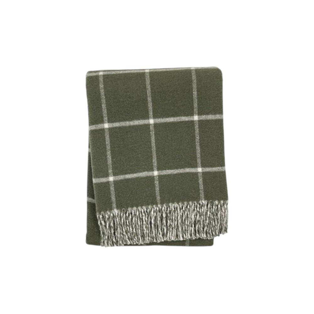 50" X 67" Olive Green And White Cotton Blend Woven Plaid Throw Blanket with Fringe