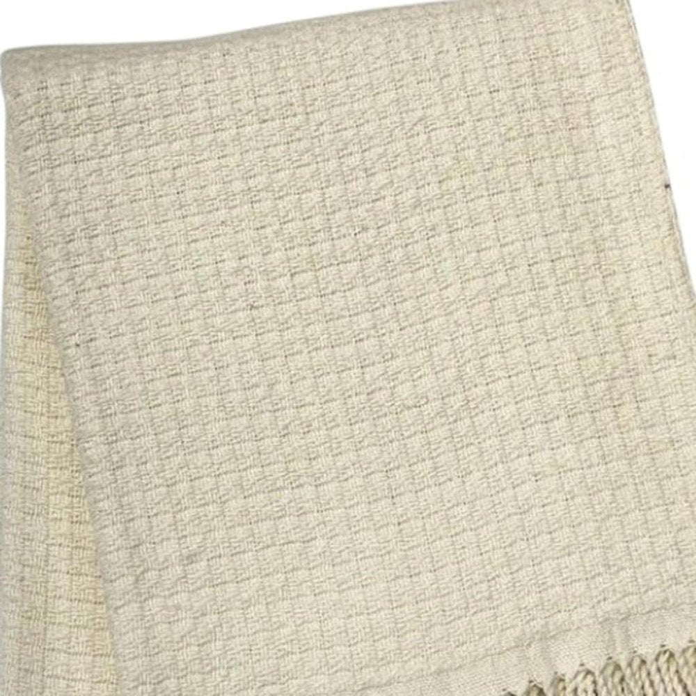 50" X 67" Cream Cotton Blend Woven Throw Blanket with Fringe