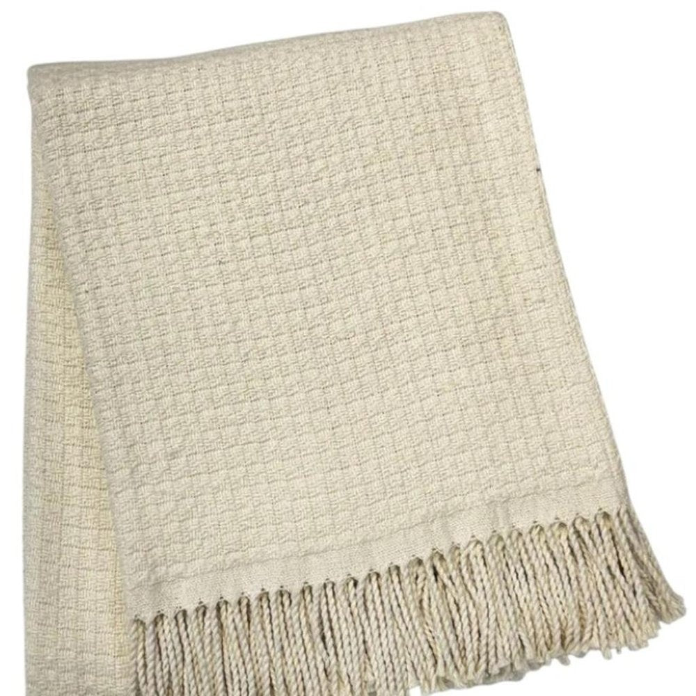 50" X 67" Cream Cotton Blend Woven Throw Blanket with Fringe