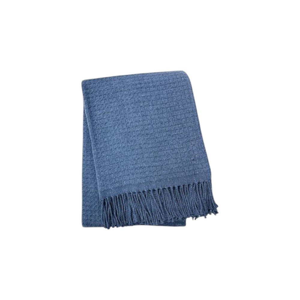 50" X 67" Denim Blue Cotton Blend Woven Throw Blanket with Fringe