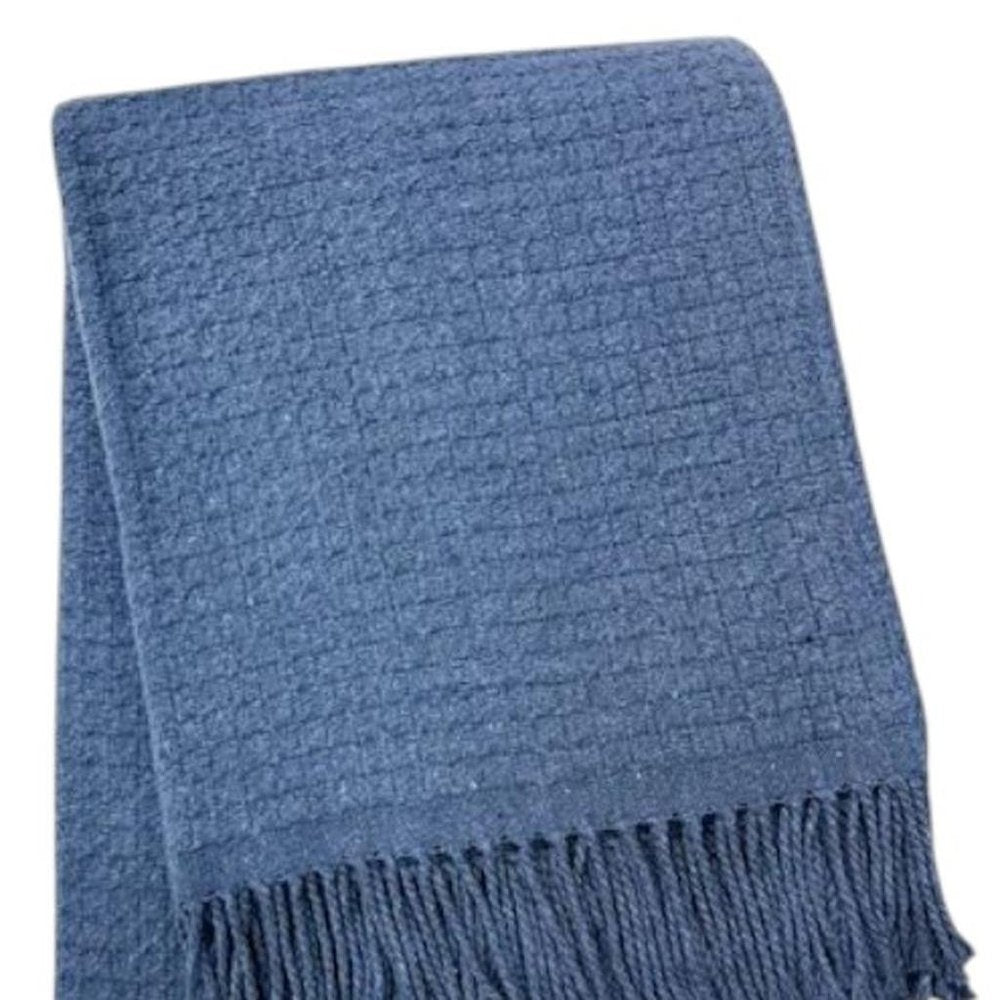 50" X 67" Denim Blue Cotton Blend Woven Throw Blanket with Fringe