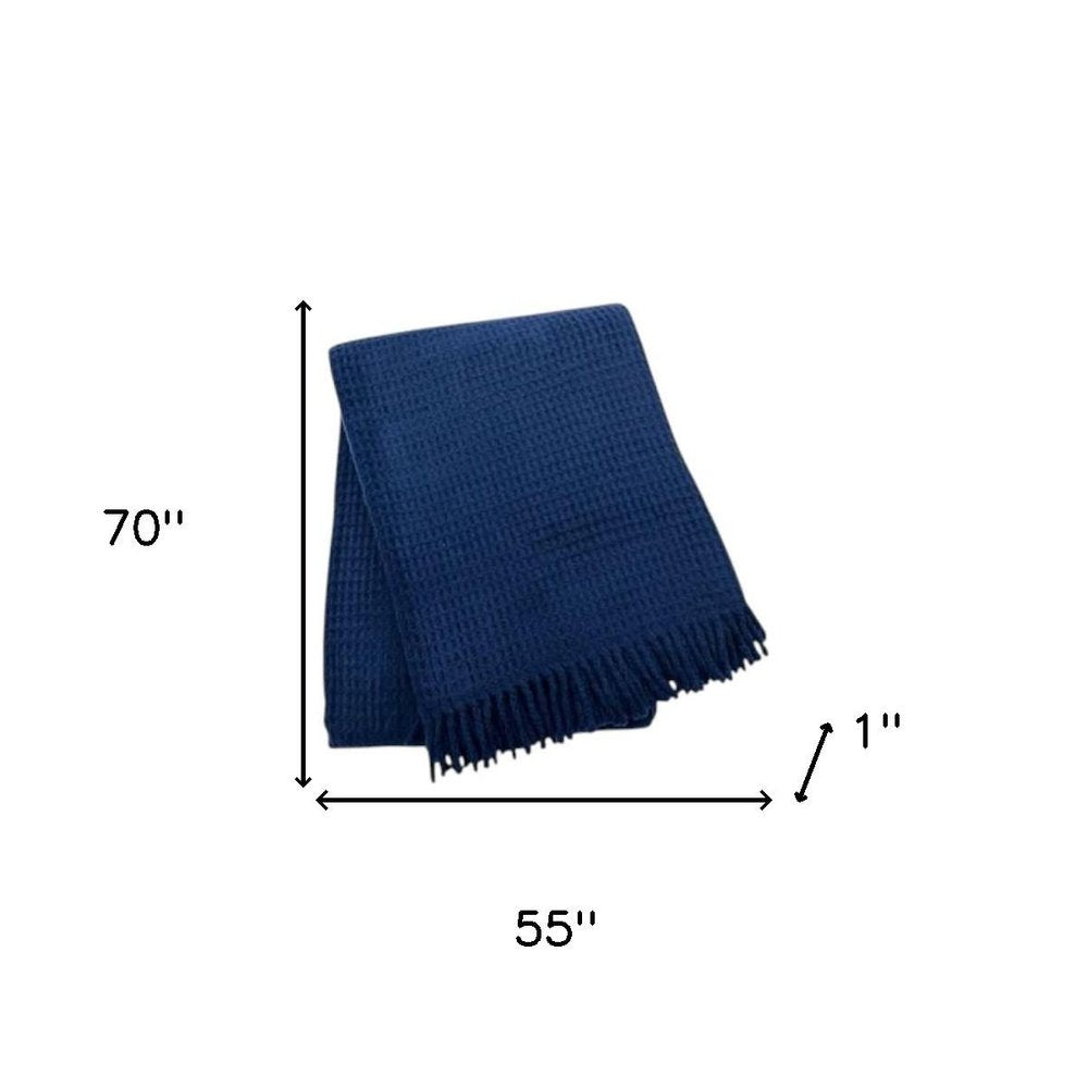55" X 70" Navy Blue Cotton Blend Waffle Weave Throw Blanket with Fringe