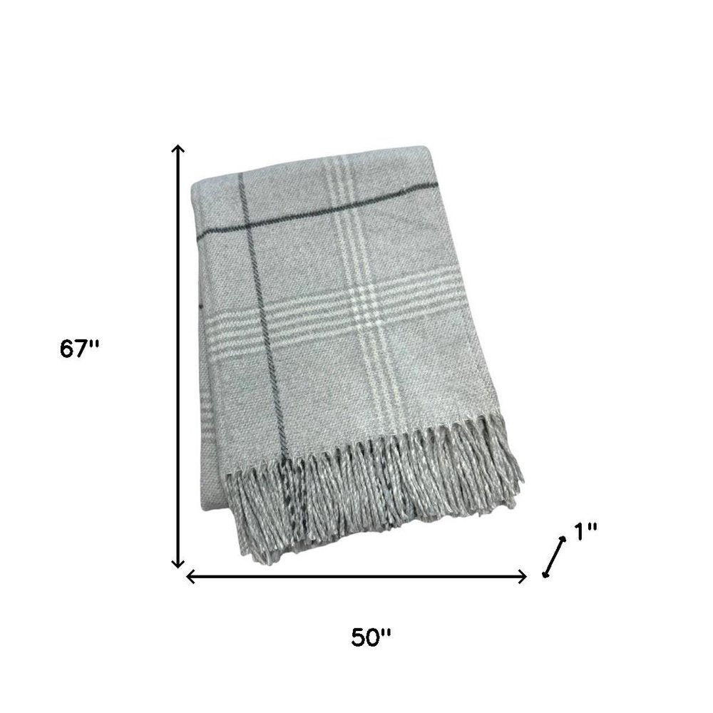 50" X 67" Light Gray And White Cotton Blend Woven Plaid Throw Blanket with Fringe