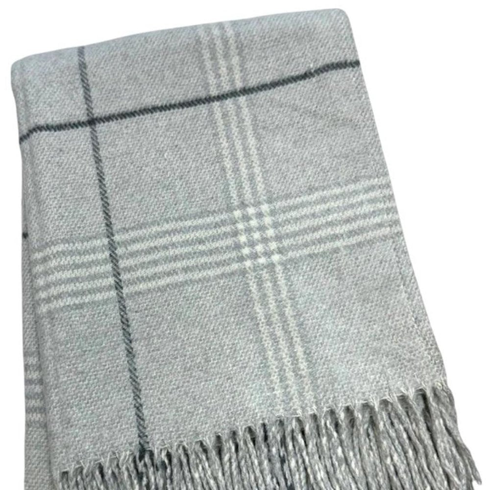 50" X 67" Light Gray And White Cotton Blend Woven Plaid Throw Blanket with Fringe