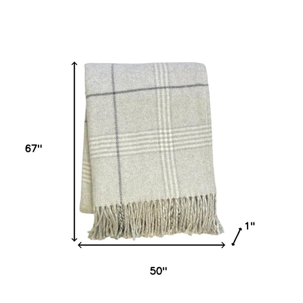 50" X 67" Sand And White Cotton Blend Woven Plaid Throw Blanket with Fringe