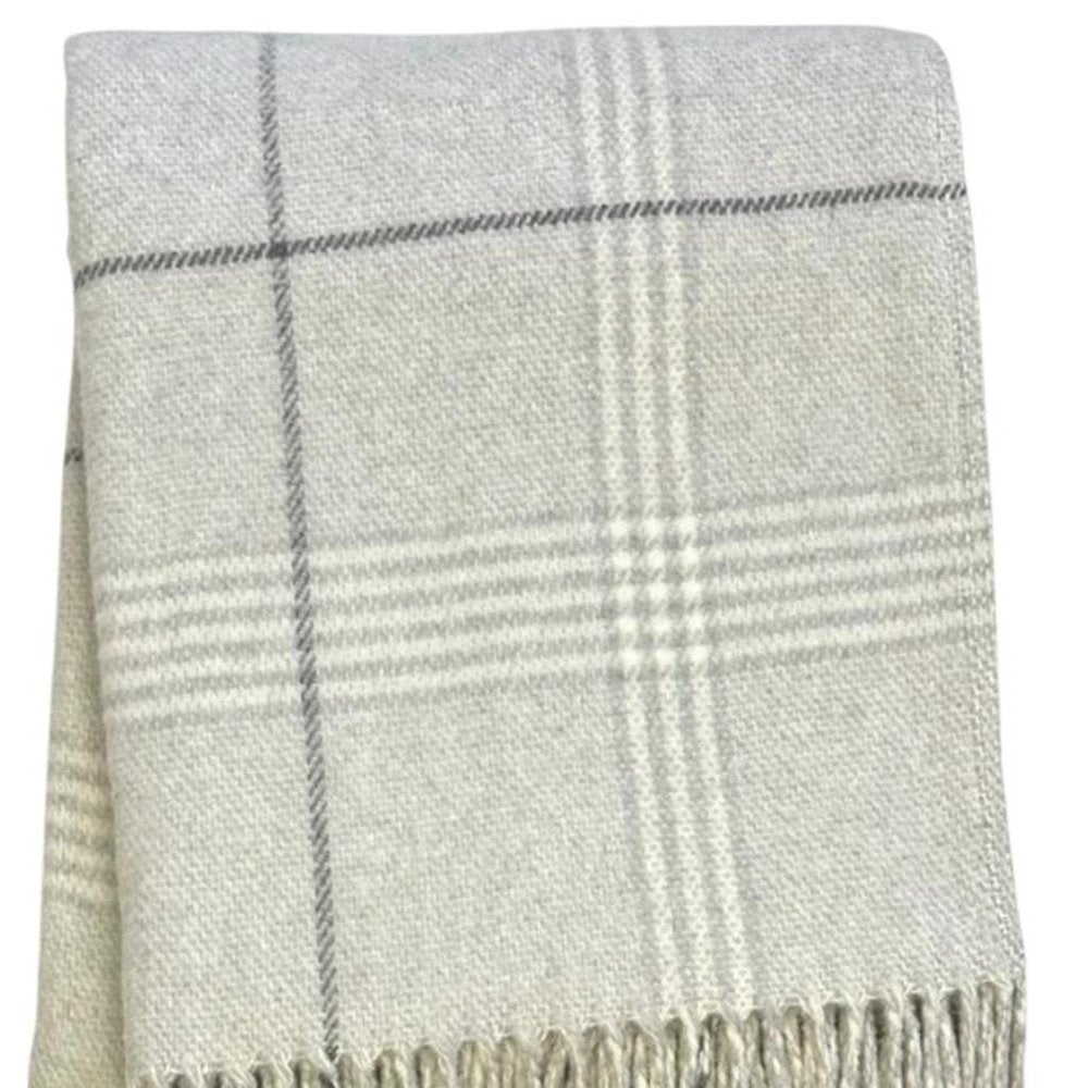 50" X 67" Sand And White Cotton Blend Woven Plaid Throw Blanket with Fringe