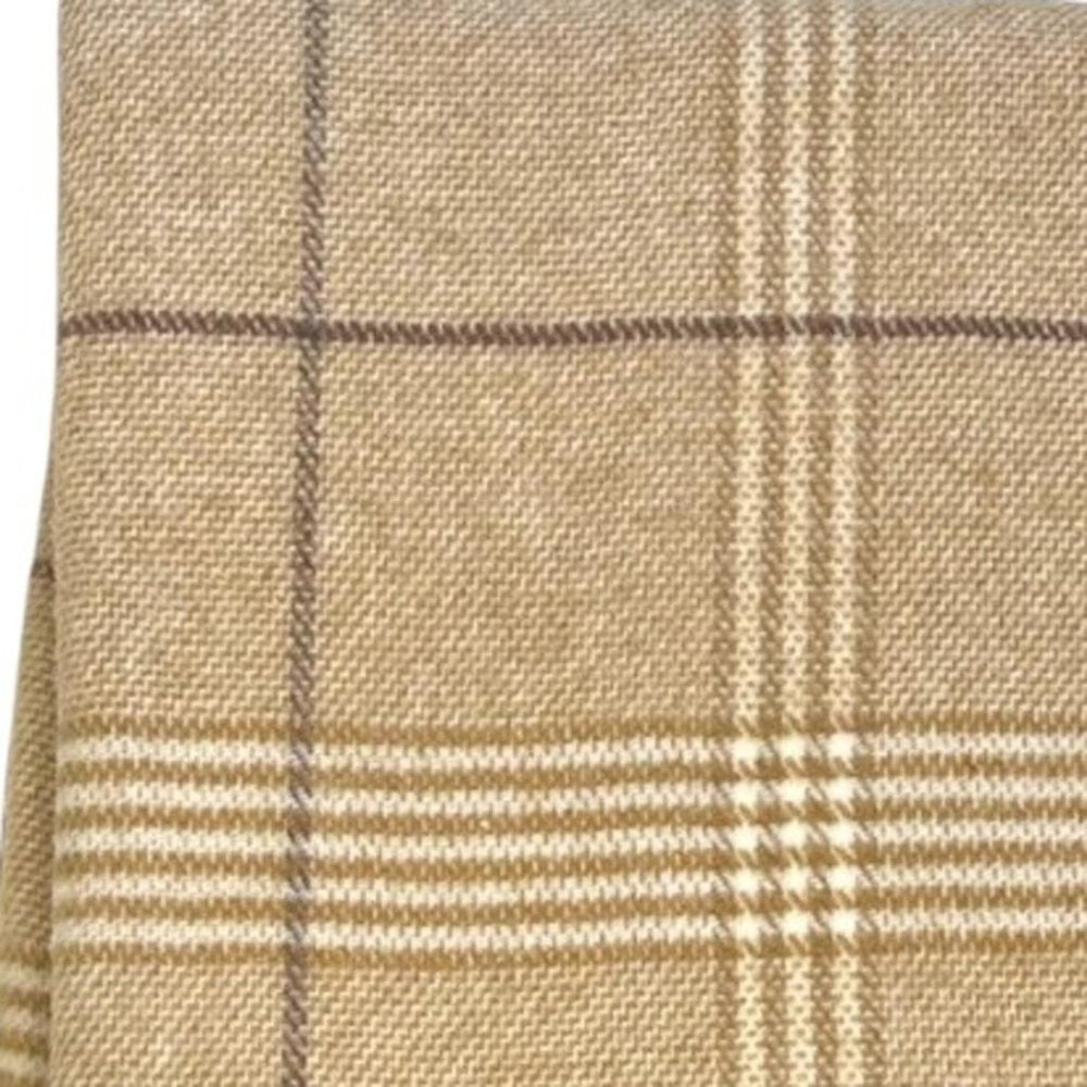 50" X 67" Stone And White Cotton Blend Woven Plaid Throw Blanket with Fringe