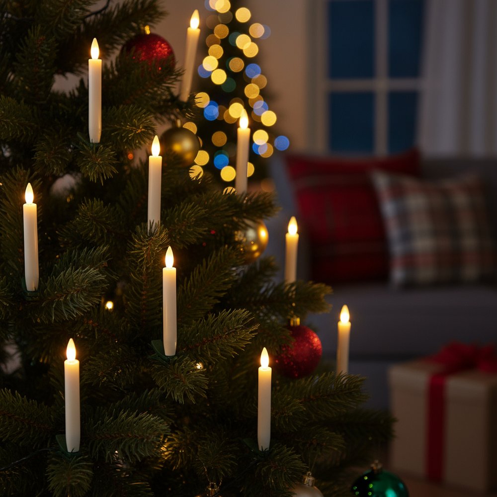 Set of Ten Beige Flameless Christmas Taper Candles