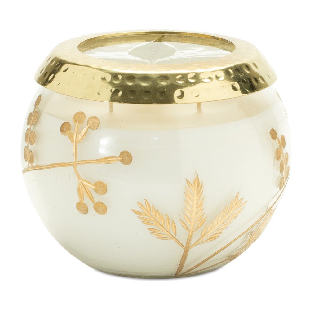 5" White Scented Dripless Two Wick Designer Candle With Clear And Gold Holder