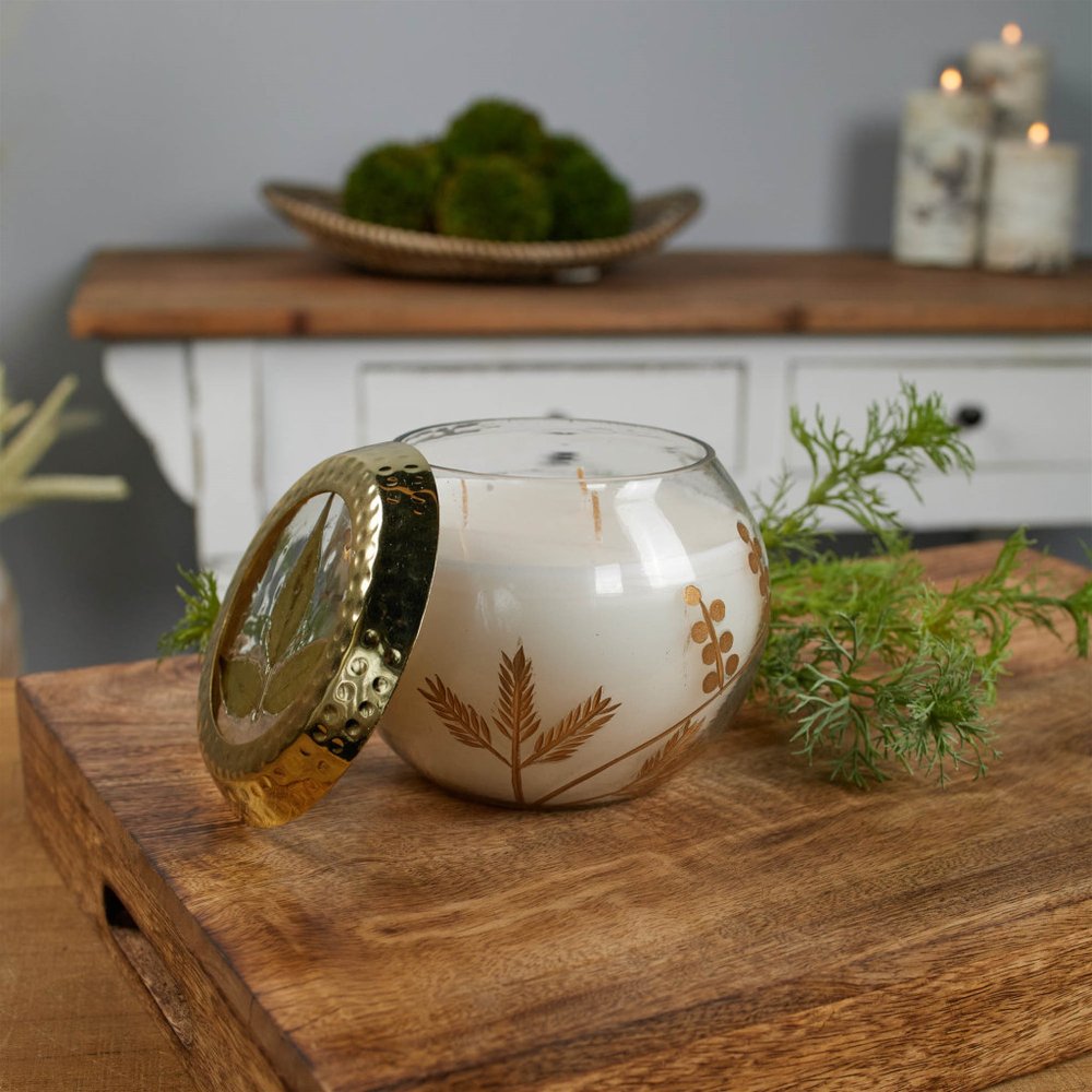 5" White Scented Dripless Two Wick Designer Candle With Clear And Gold Holder