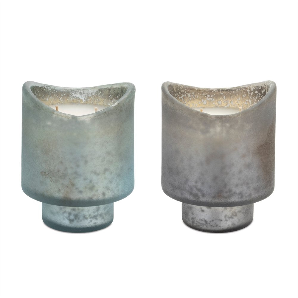 Set of Two White Scented Dripless Two Wick Designer Candles With Sea Green Holder
