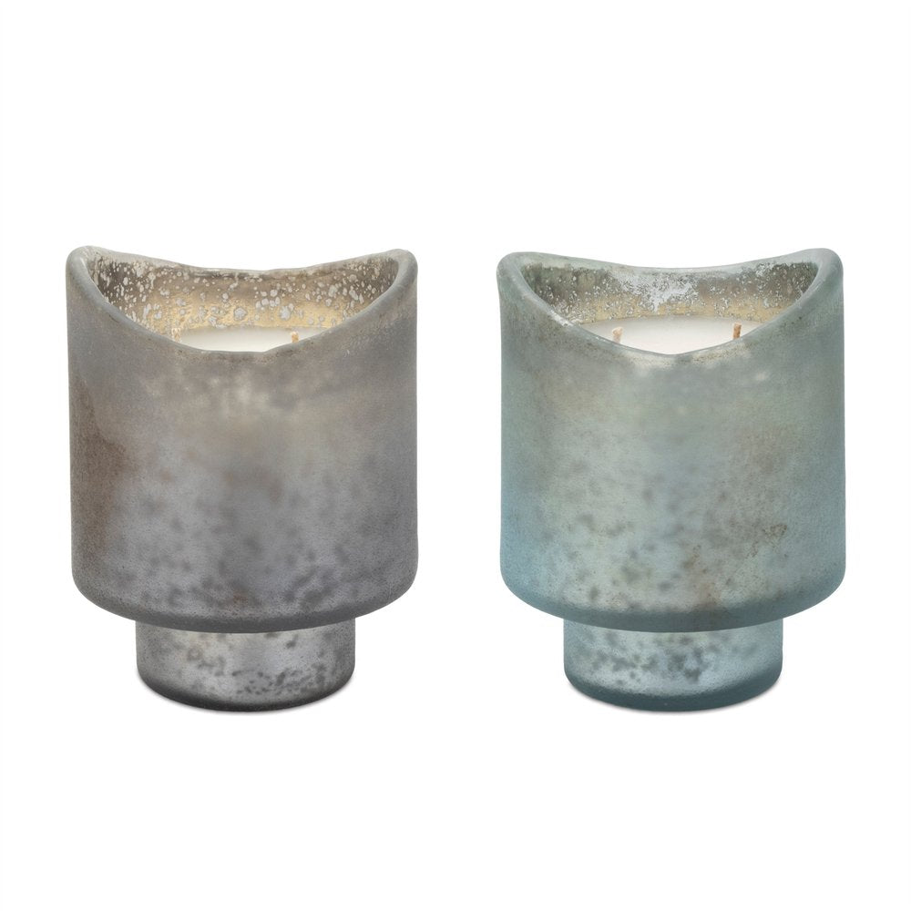 Set of Two White Scented Dripless Two Wick Designer Candles With Sea Green Holder