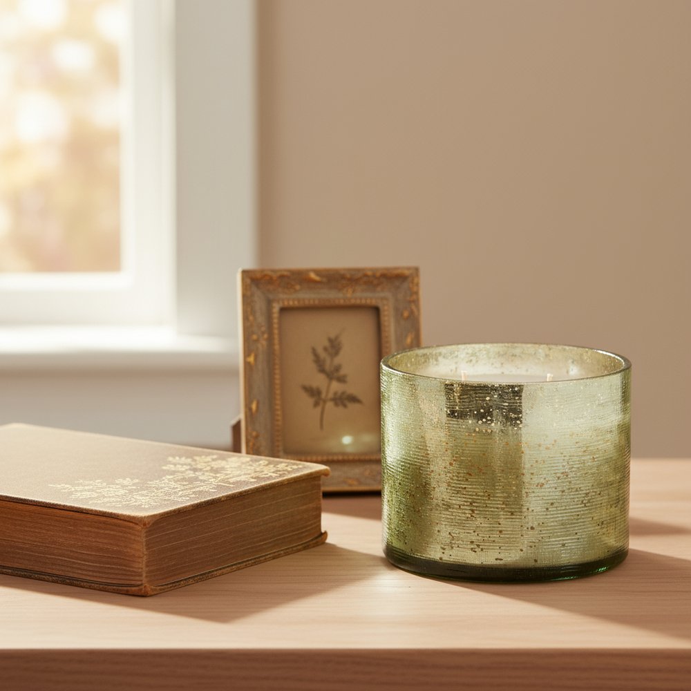3" White Scented Dripless Two Wick Designer Candle With Green Holder