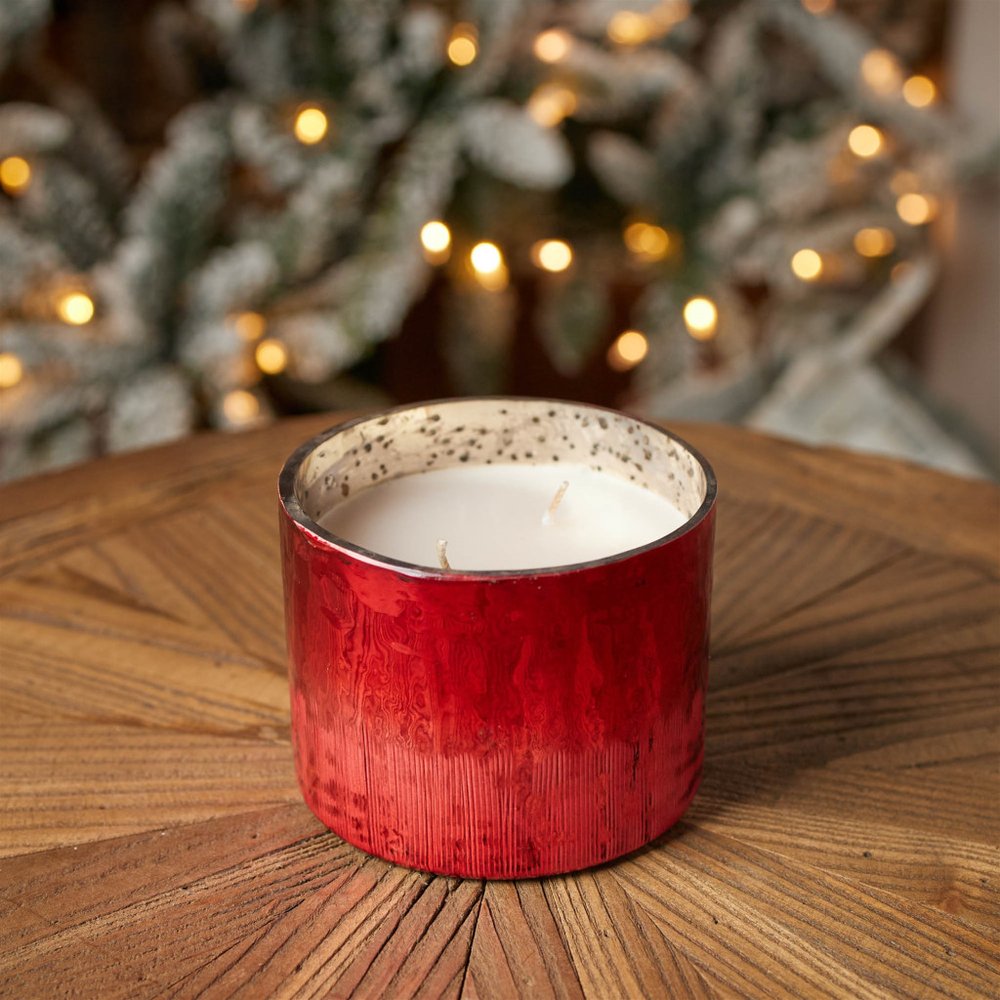 3" White Scented Dripless Two Wick Designer Candle With Red Holder