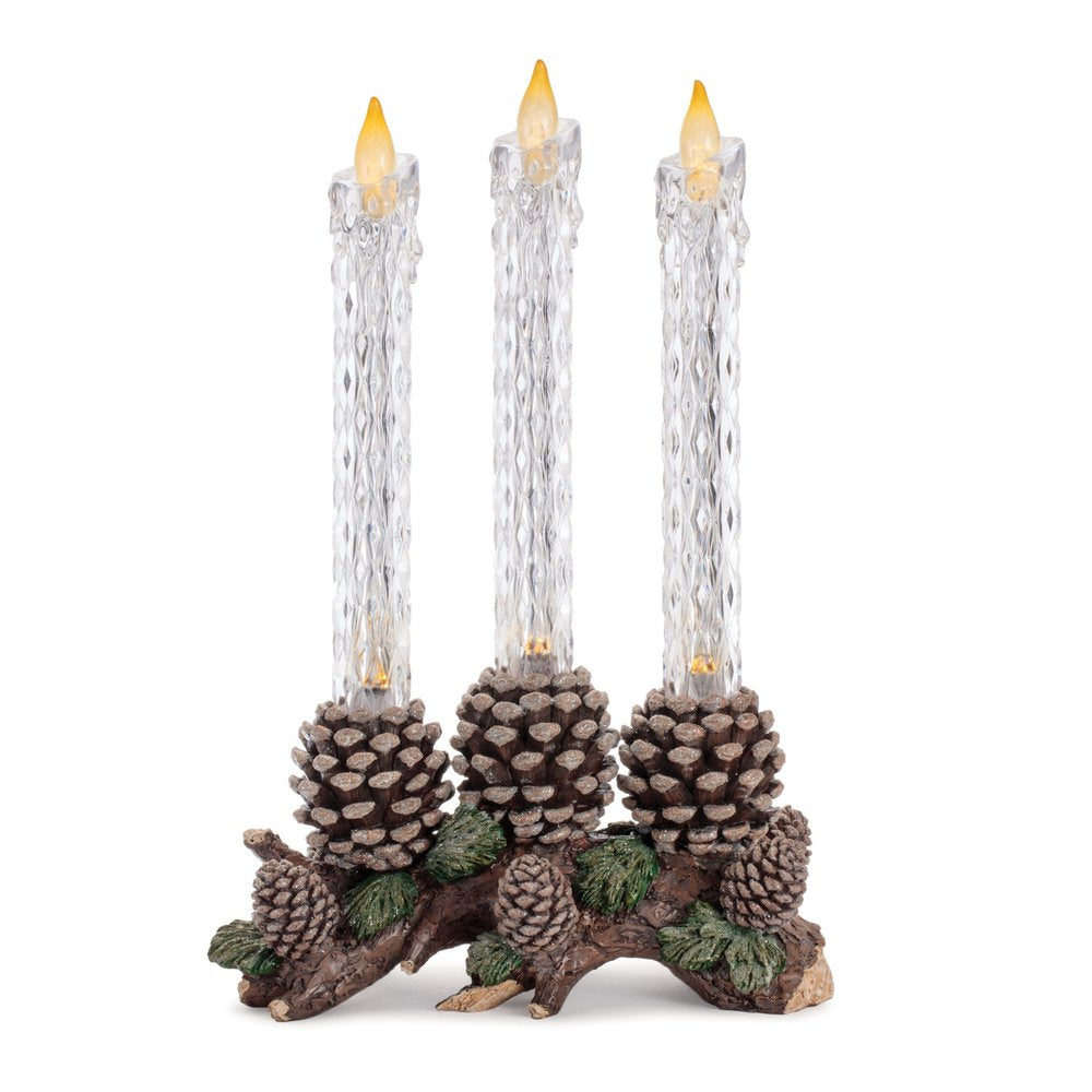 16" Clear Flameless Christmas Taper Candle With Brown And Green Holder