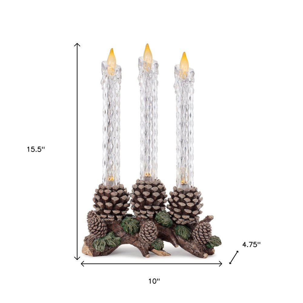 16" Clear Flameless Christmas Taper Candle With Brown And Green Holder