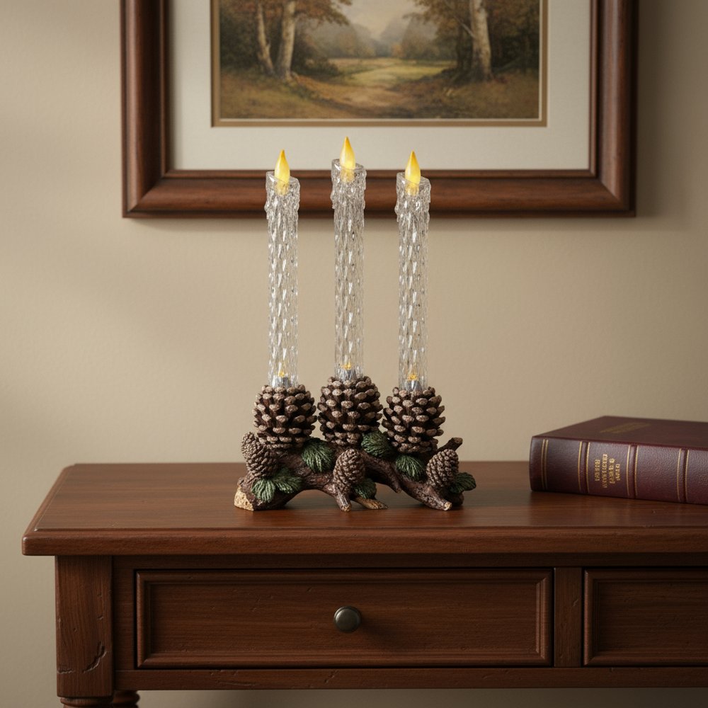 16" Clear Flameless Christmas Taper Candle With Brown And Green Holder