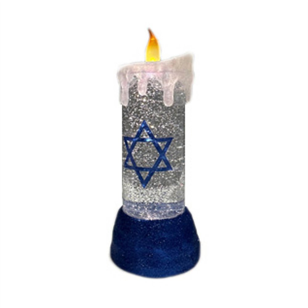 10" Blue And White Flameless Hanukkah Pillar Candle With Blue And White Holder