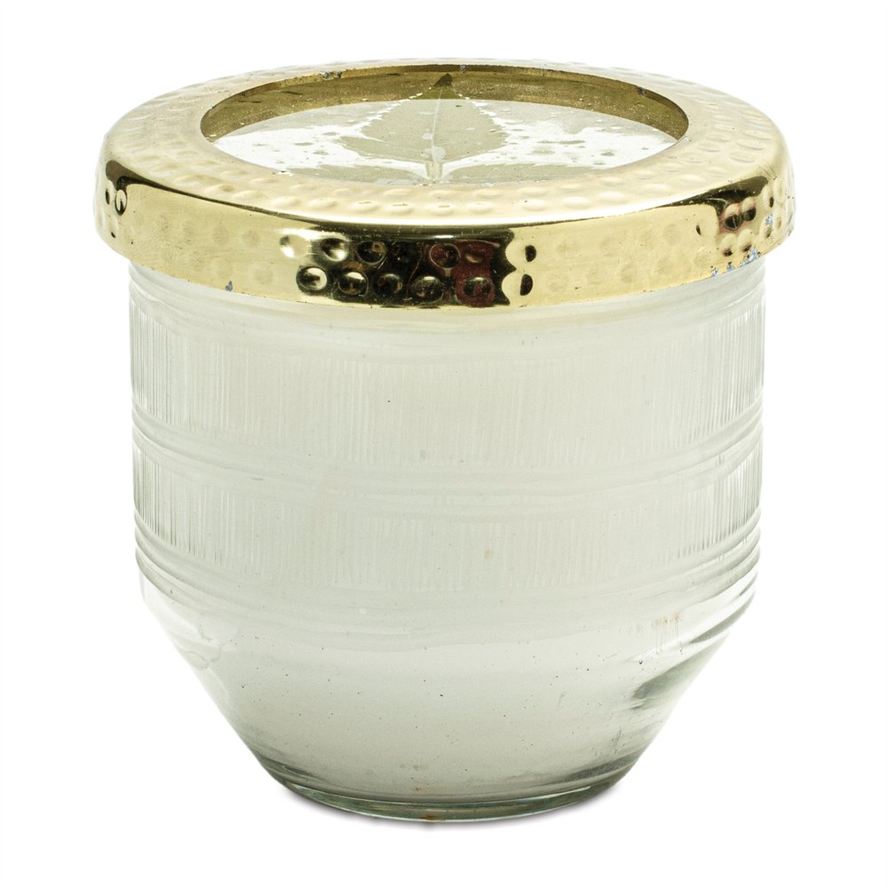 4" White Scented Dripless Two Wick Designer Candle With Clear And Gold Holder