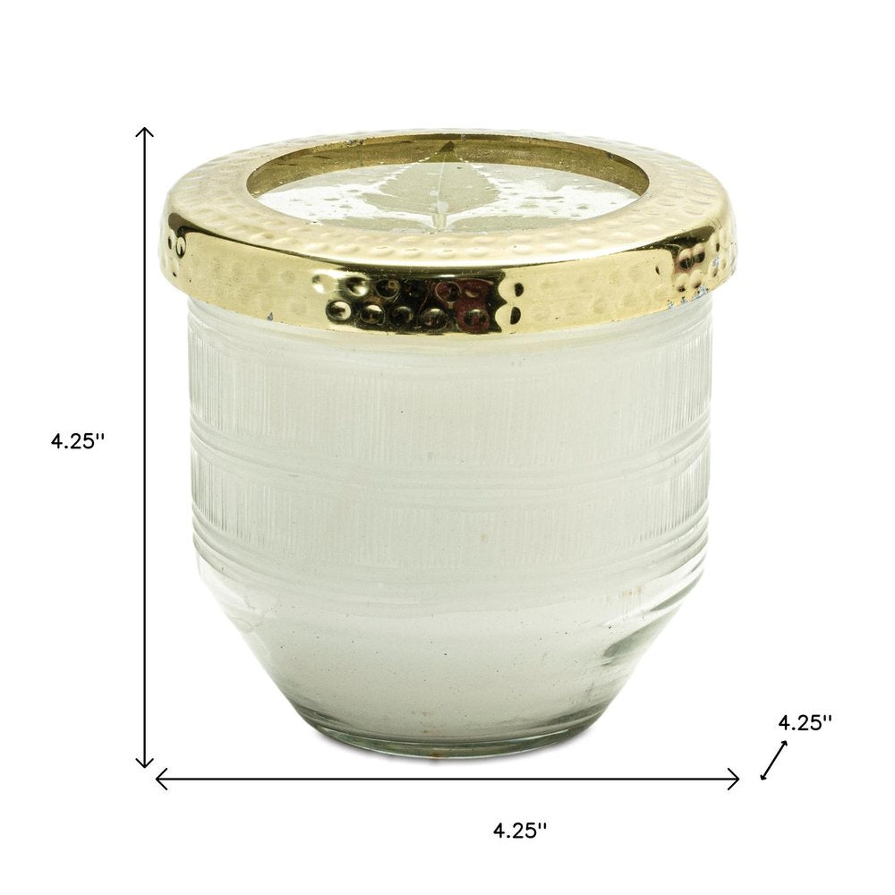 4" White Scented Dripless Two Wick Designer Candle With Clear And Gold Holder