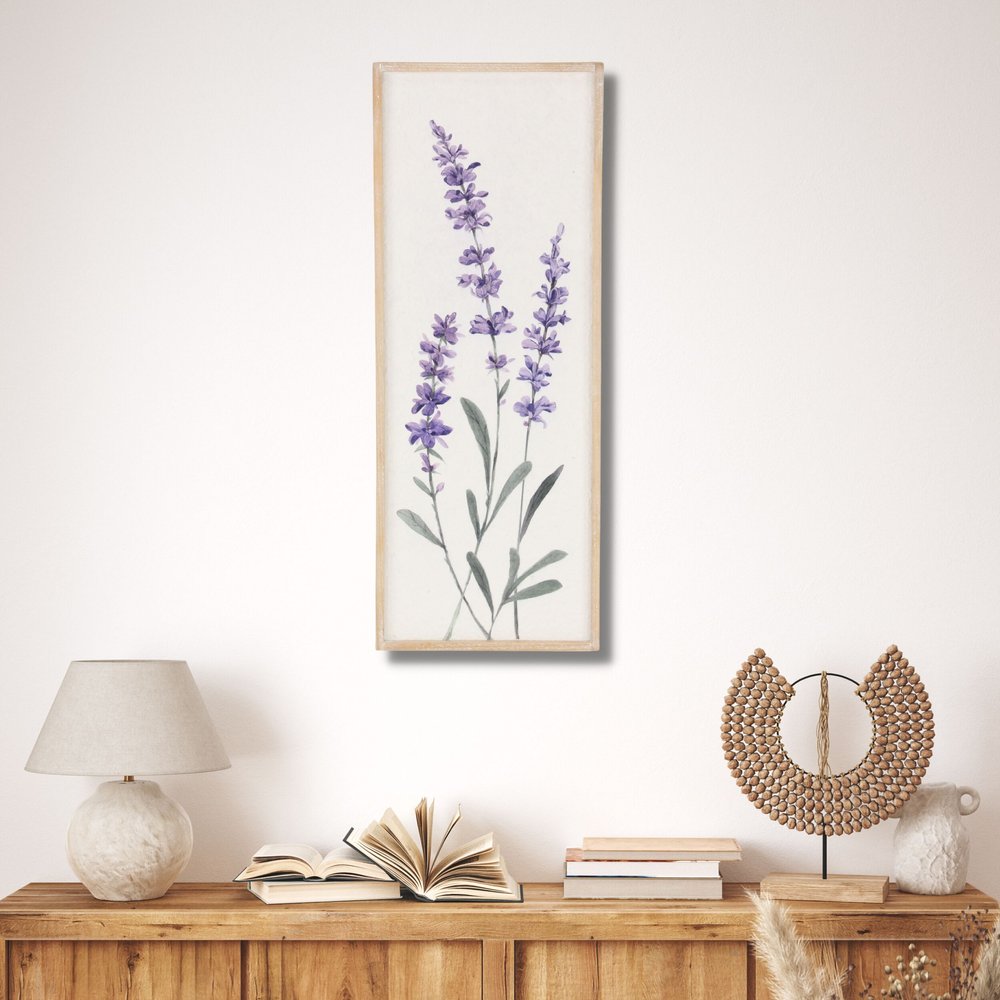 32" X 12" Natural White And Lavender Floral Wood Framed Art
