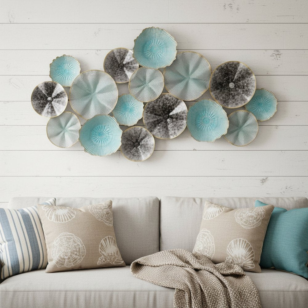 24" X 44" Aqua Charcoal And Silver Abstract Metal Round Discs Hanging Dimensional Sculpture