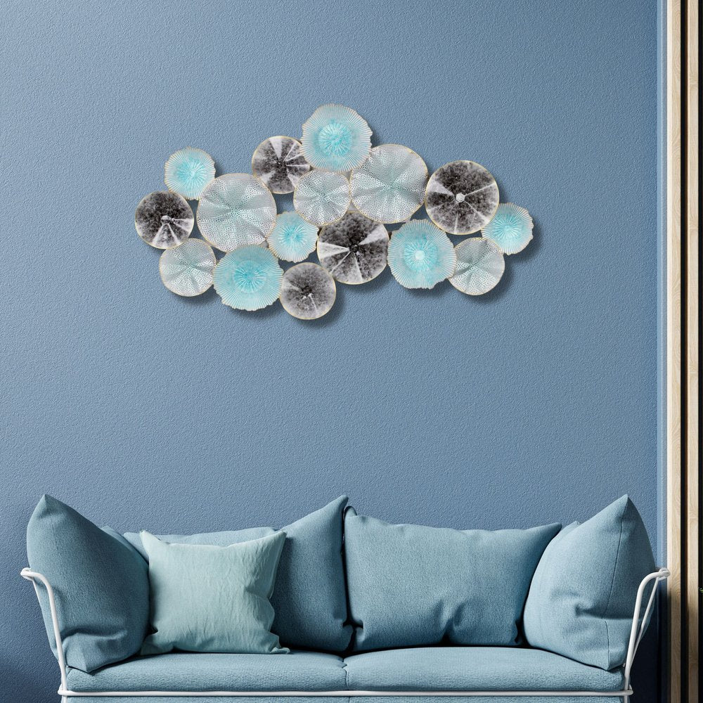 24" X 44" Aqua Charcoal And Silver Abstract Metal Round Discs Hanging Dimensional Sculpture