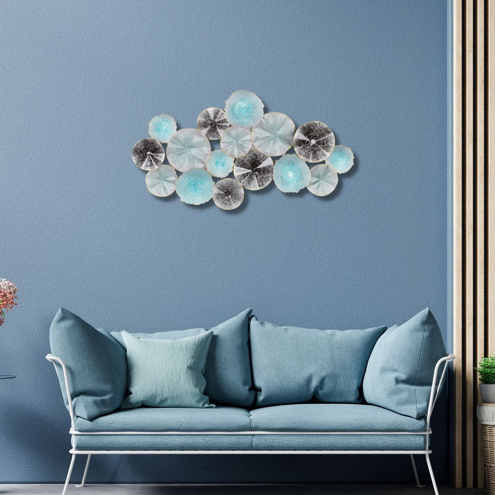 24" X 44" Aqua Charcoal And Silver Abstract Metal Round Discs Hanging Dimensional Sculpture