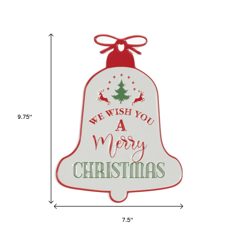 10" X 8" White Red And Green Metal Christmas Bell Hanging Wall Decor