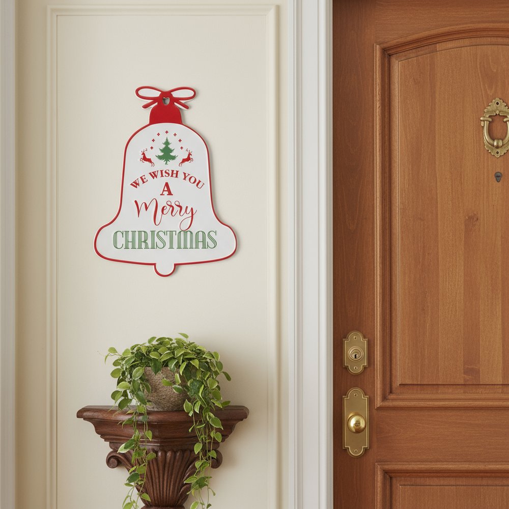 10" X 8" White Red And Green Metal Christmas Bell Hanging Wall Decor
