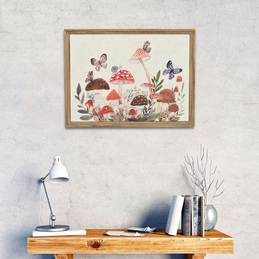 20" X 26" Natural And White Butterflies and Mushrooms Metal Framed Art
