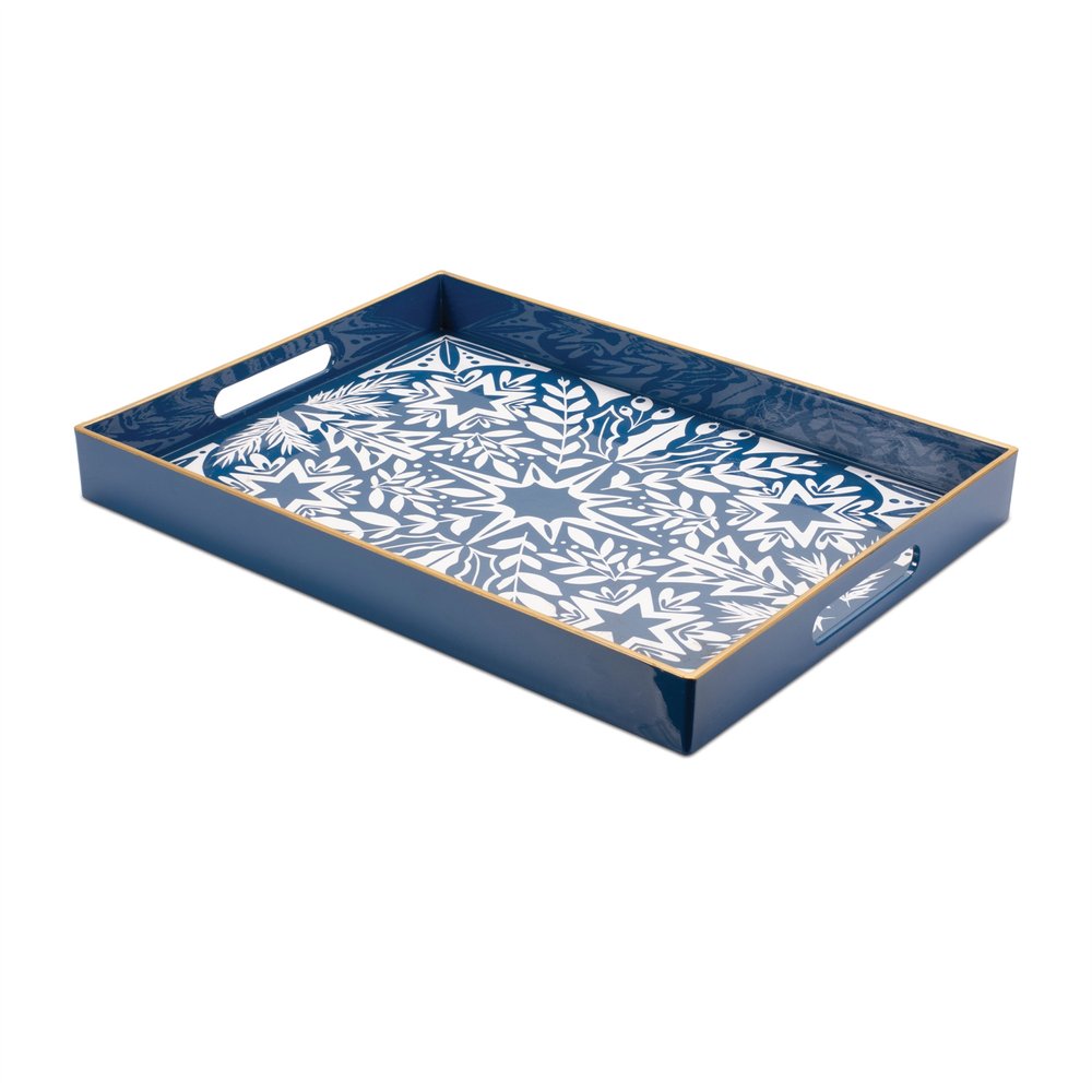 16" Blue And White Geometric Star And Trees Serving Tray With Handles