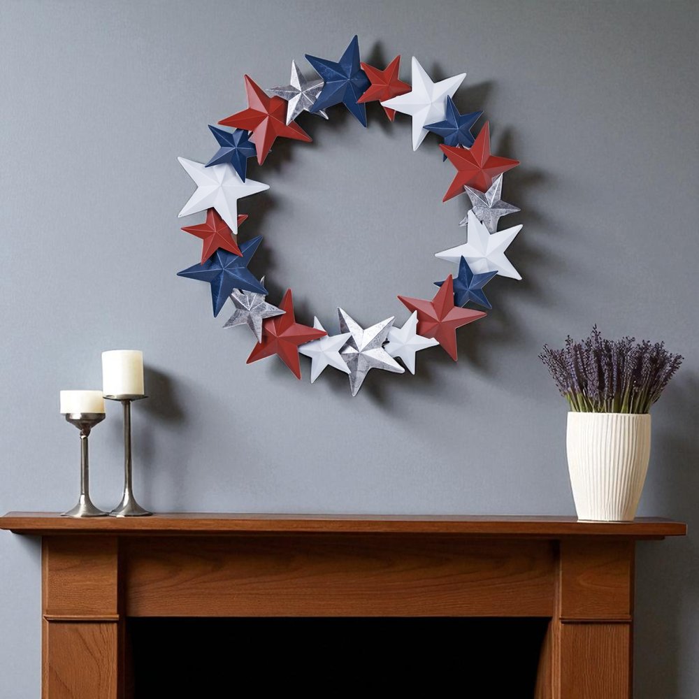 18" Red White And Blue Metal Star Round Hanging Wreath Wall Decor