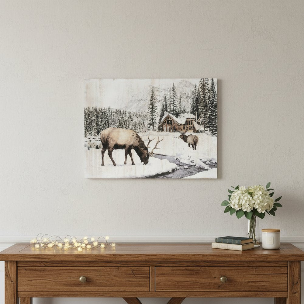 14" X 19" Brown And White Wood Winter Reindeer Lodge Hanging Wall Decor