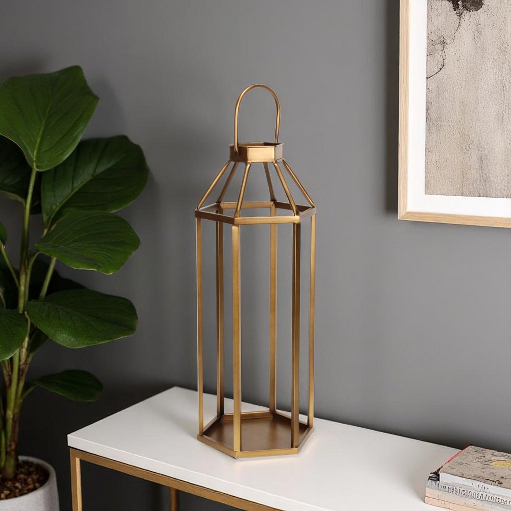32" Gold Geometric Metal Floor Lantern Candle Holder