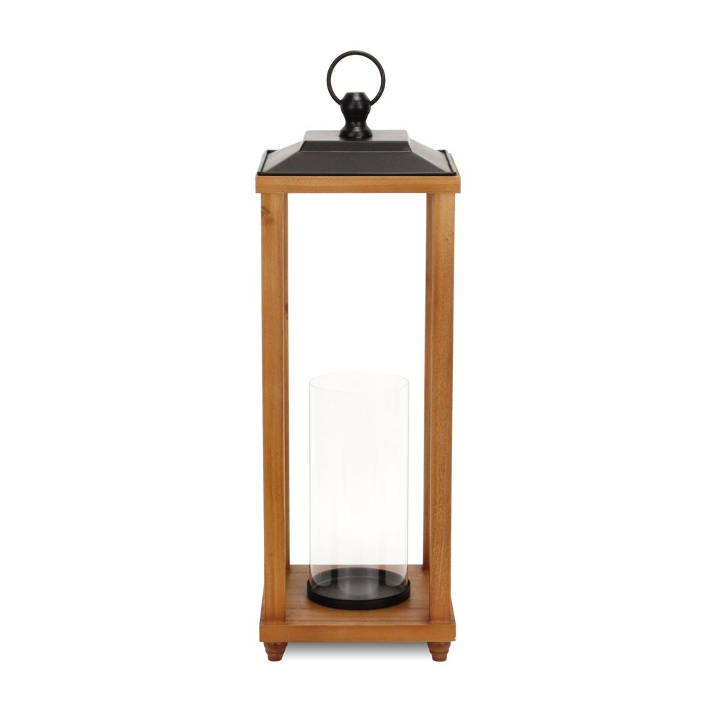 24" Brown And Black Geometric Metal And Solid Wood Floor Lantern Candle Holder