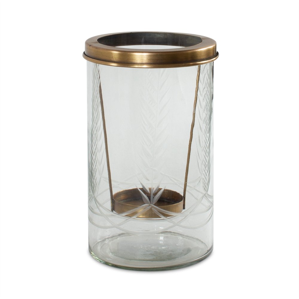 9" Clear And Gold Botanical Leaf Glass And Metal Tabletop Hurricane Candle Holder